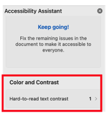 A screenshot of the accessibility assistant. Under color and contrast, there is an indication that the hard to read text contrast category has one issue.