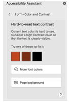A screenshot of the Accessibility Assistant with the further explanation of the Color and Contrast Hard to read text contrast error and ways you can fix it, including 3 color options.