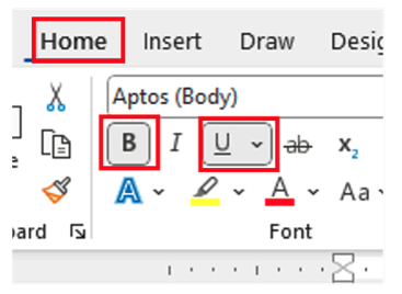 A screenshot of the Microsoft Word editing ribbon Home tab with the bold and underline options highlighted in gray.