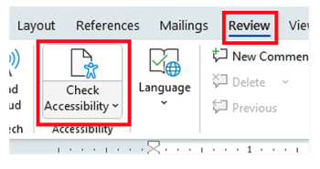A screenshot of the Microsoft Word for PC "Review" tab in the top ribbon menu. The toolbar displays accessibility and language features, including a prominent icon for the Check Accessibility tool.