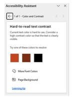 A screenshot of the Microsoft Word for PC Accessibility Assistant with the Color and Contrast hard to read text contrast item and recommended solutions.