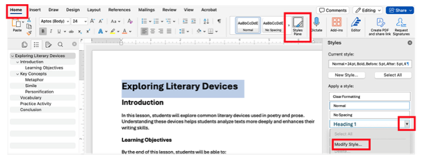 Screenshot of a Microsoft word document with the Home tab selected, the option to expand the Styles Pane is chosen with the heading 1 menu expanded and options listed, including Modify Style.