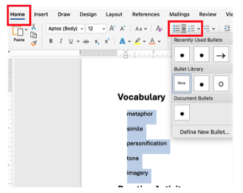 A screenshot of the Home menu ribbon with the bullet and numbering options appearing on the right side. The bullet menu is expanded and shows options for bullets that might be selected, including recently used bullets, the bullets library, document bullets, and the option to define a new bullet. The document appears in the background with a list of words highlighted to become a bulleted list.