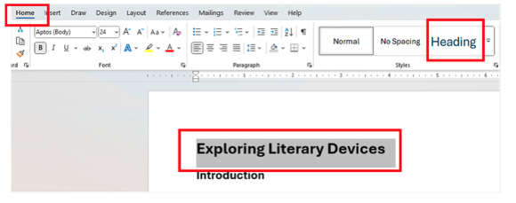 Screenshot of a Microsoft Word document with the words Exploring Literary Devices in large bold font, highlighted gray. In the ribbon, the Home tab is selected with the Heading 1 option of Styles on the far right.