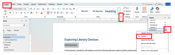 A screenshot of a Microsoft word document with the Home tab selected, the option to expand Styles is chosen with the heading 2 menu expanded and options listed, including Modify.