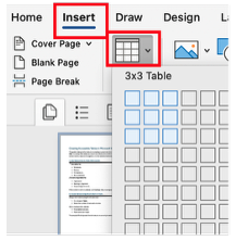 A screenshot of a Microsoft Word document with the Insert tab selected and the table option drop-down menu showing a 3x3 table selected.