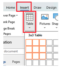 A screenshot of a Microsoft Word document with the Insert tab selected and the table option drop-down menu showing a 3x3 table selected.