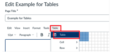 A screenshot of Canvas rich content editor with the table menu selected and the table option open to select the number of rows and columns desired, with 3 rows and 3 columns highlighted.