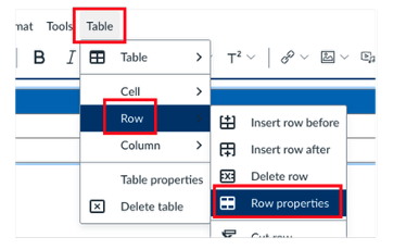 A screenshot of the Canvas rich content editor with the Table menu open and the Row option selected, show additional row options and the Row Properties option highlighted in blue.