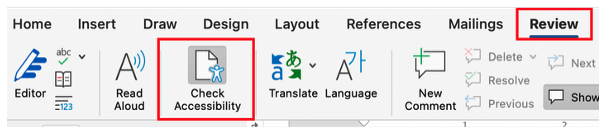 The review menu of a Microsoft Word document with several options including the Check Accessibility feature.