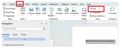 A screenshot of a Microsoft Word document with the Insert menu selected and the link option emphasized with a red box. On the document, the words Read the full course syllabus are highlighted in gray.