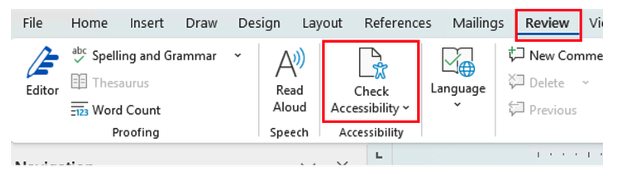 The review menu of a Microsoft Word document with several options including the Check Accessibility feature.