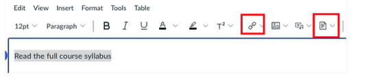 A screenshot showing the link or file icon in Canvas's Rich Content Editor, with link text stating "Read the full course syllabus"
