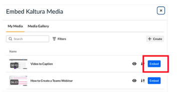 A screenshot of the Embed Kaltura Media option in Canvas. Videos are listed with a blue Embed button on the right.