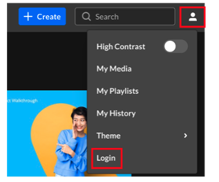 A screenshot of the Kent State Kaltura homepage showing the user menu expanded with the list of options. The login option appears at the bottom of the list.