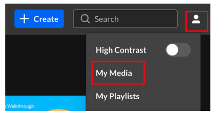 A screenshot of the Kent State Kaltura homepage showing the user menu expanded with the list of options. The My Media option appears as the second options in the list.