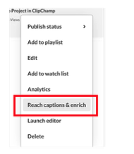 A screenshot of the video options menu in Kaltura with the Reach captions & enrich menu highlighted in gray.