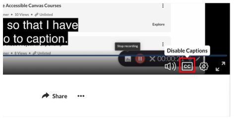 A screenshot of a Kaltura video with the white CC button located in the bottom right section of the video.