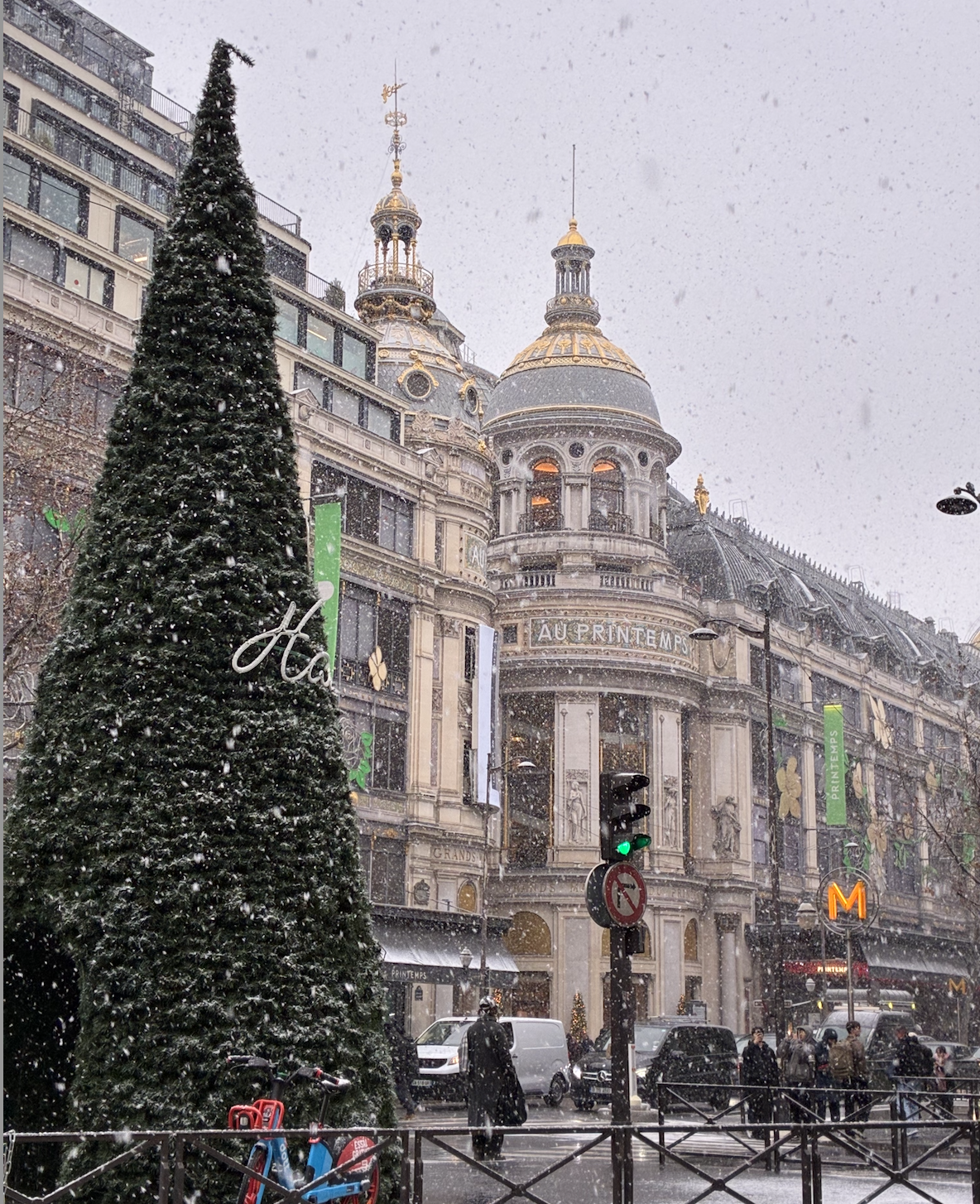 A snowy day in Paris with a Christmas tree