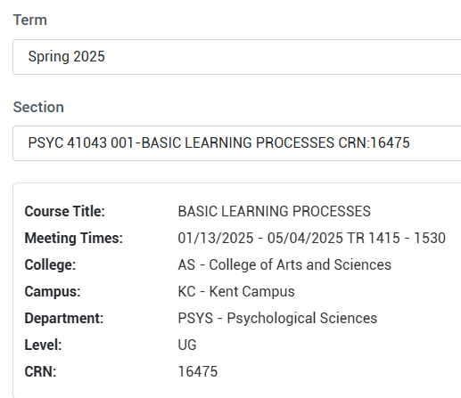 Image shows Term and Section selection and the Course Information section of the Grade Change Workflow.
