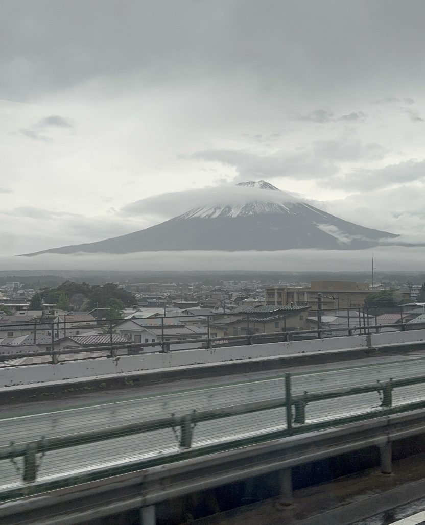 View of Mount Fuji from a vehicle.