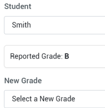 Image shows Student selection and grade information sections of the Grade Change request form.
