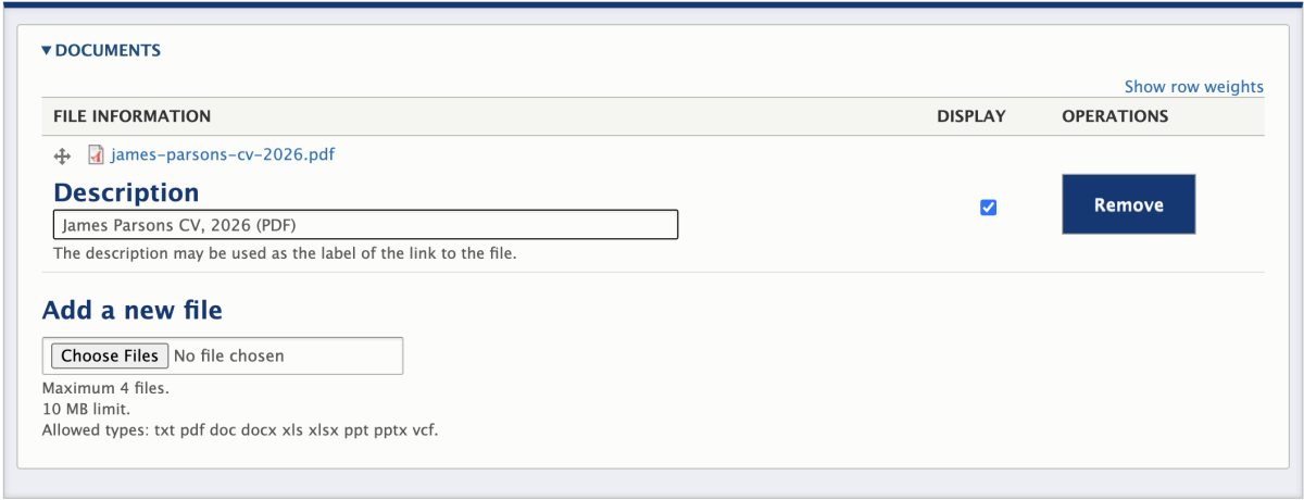 Faculty/staff profile edit screen showing an uploaded PDF in the Documents section.