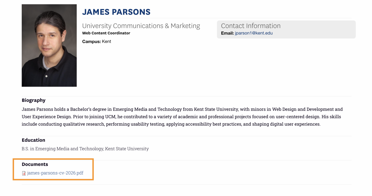 Published faculty/staff profile showing a clickable PDF link under the Documents section.