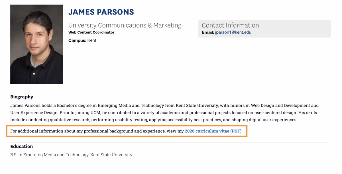 Published faculty/staff profile showing a curriculum vitae linked within the biography text.