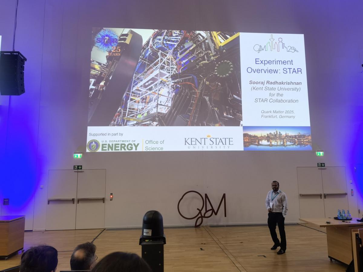 Sooraj Radhakrishnan giving the STAR highlights talk at Quark Matter 2025 Sooraj Radhakrishnan giving the STAR highlights talk at Quark Matter 2025