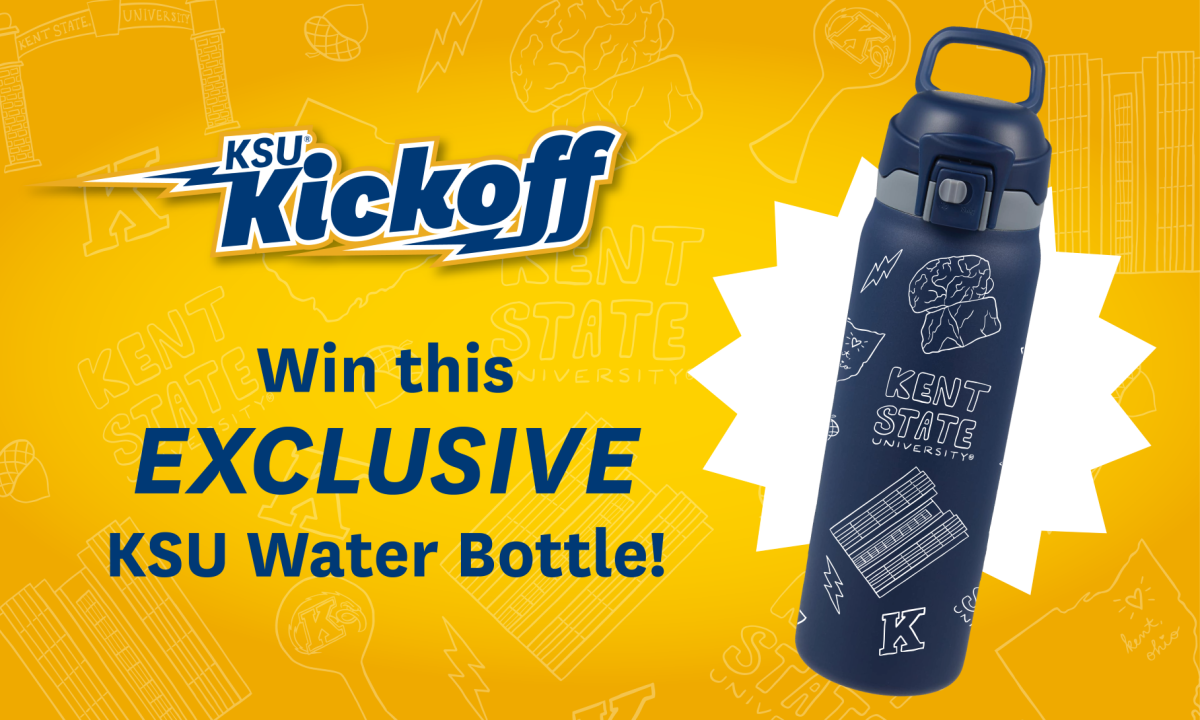Win this exclusive KSU water bottle! Photo of dark blue water bottle with white KSU-related illustrations on it