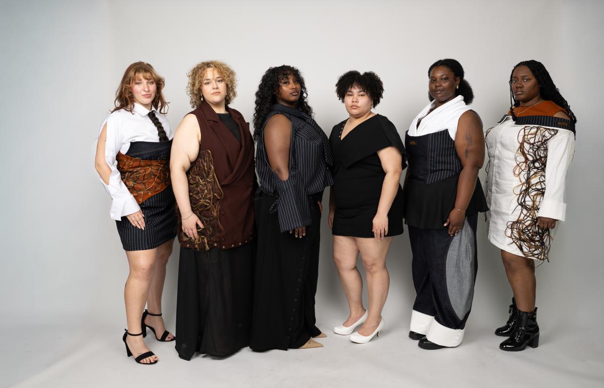 models wear dresses and outfits featuring pinstripe fabrics, denim and suit silhouettes