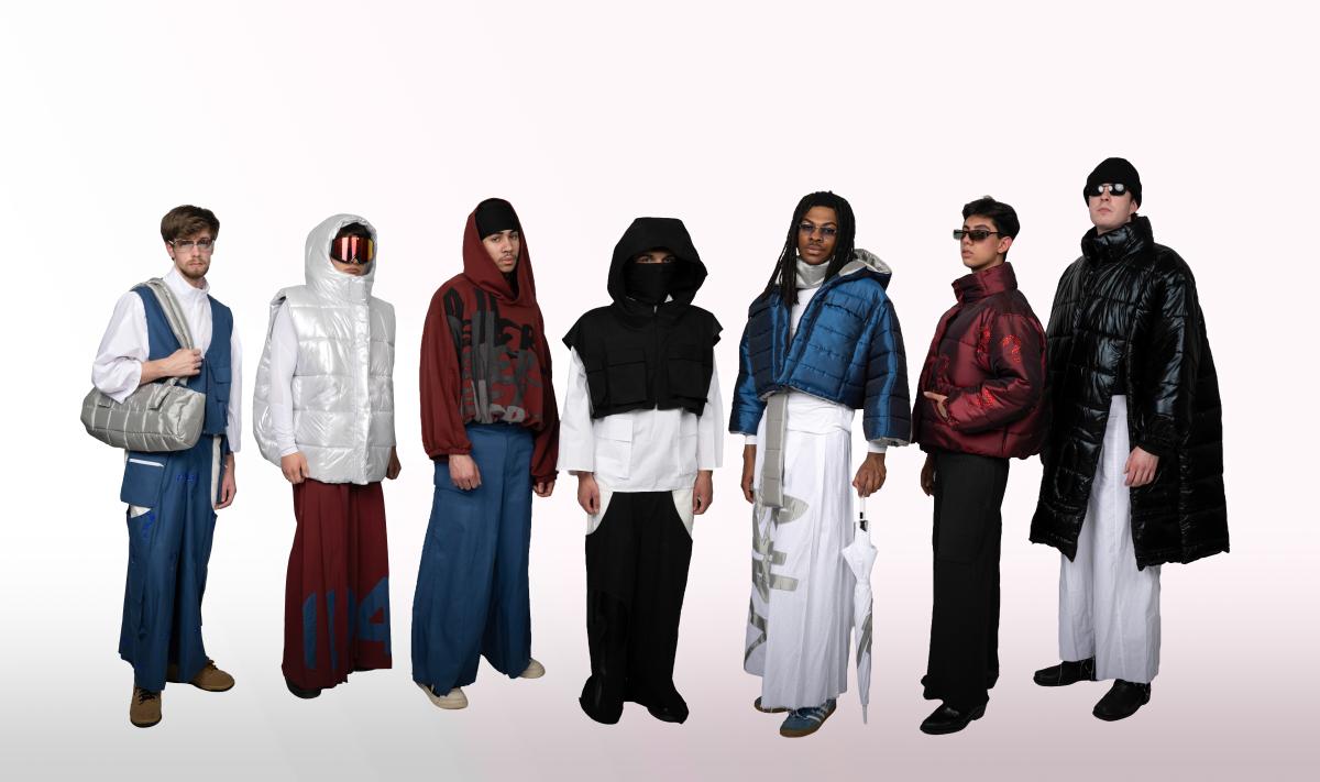 several models wear wide-legged pants in a variety of patterns, ranging in colors like red, blue and white. these are paired with puffer jackets and accessories. 