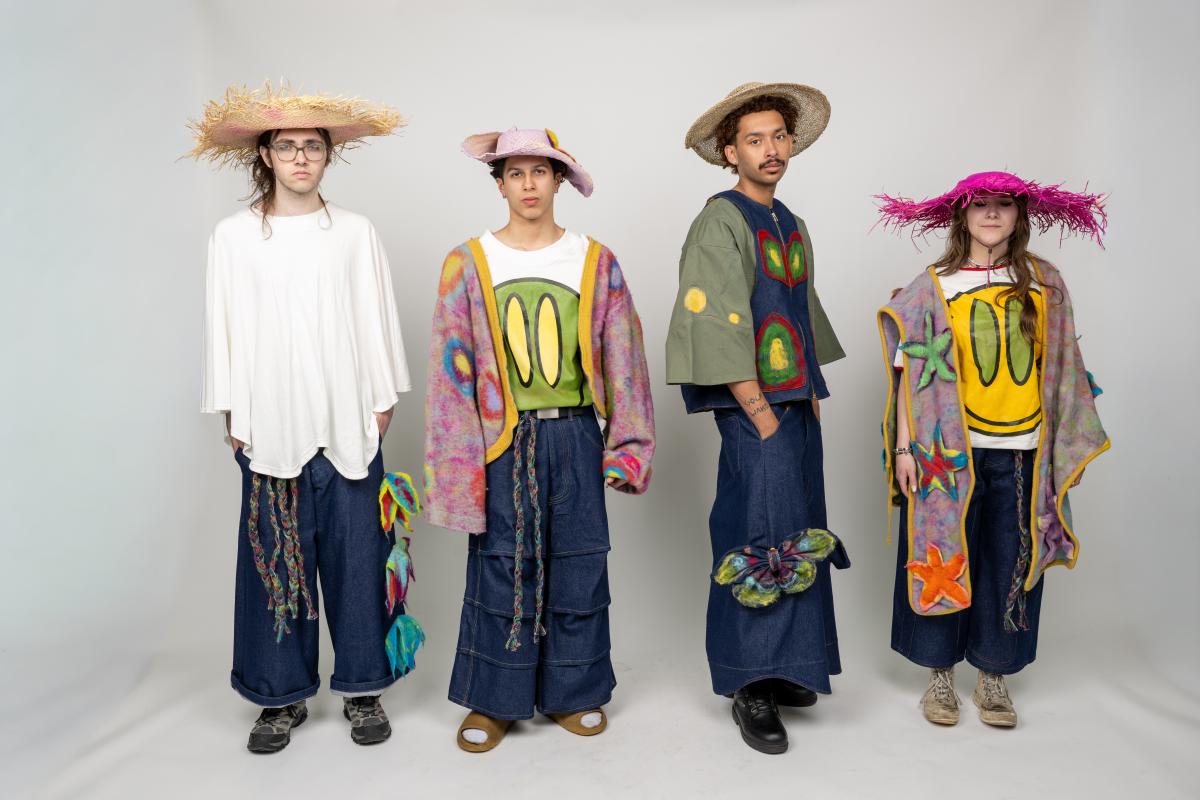 four models wear wide-legged pants featuring colorful braids and 3d designs paired with colorful tops, sweaters, and sun hats