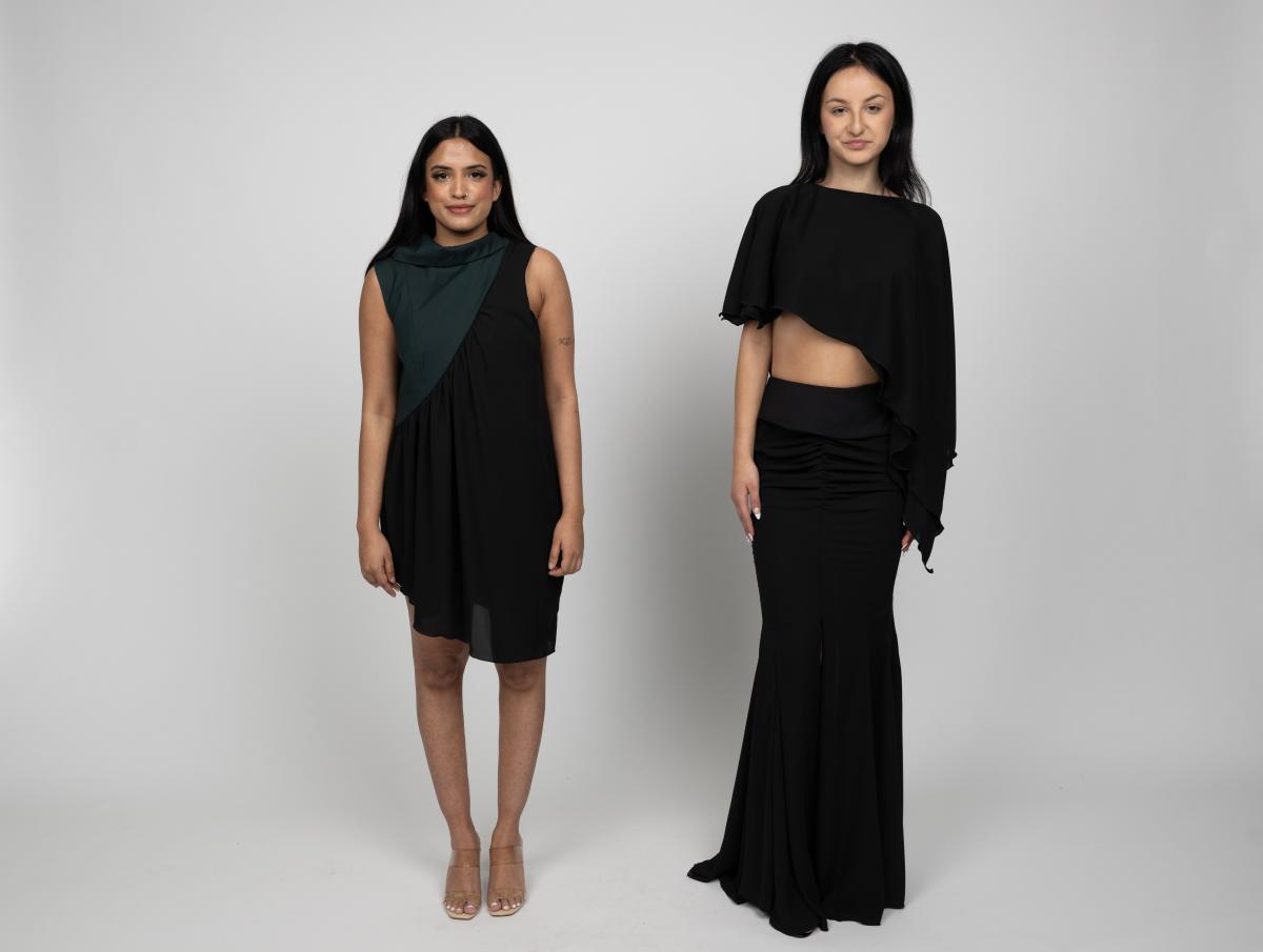 Two models wear asymmetrical dresses and skirt set