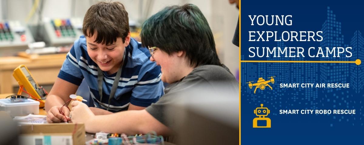 Students work on an engineering project at a summer camp at the College of Aeronautics and Engineering. Banner image for the Young Explorers Summer Camps: Smart City RoboRescue and Smart City Air Rescue.