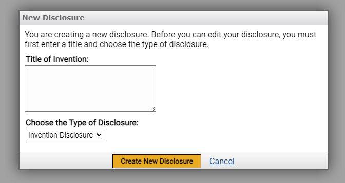 This is the create new disclosure window where you enter the non-confidential title of your disclosure