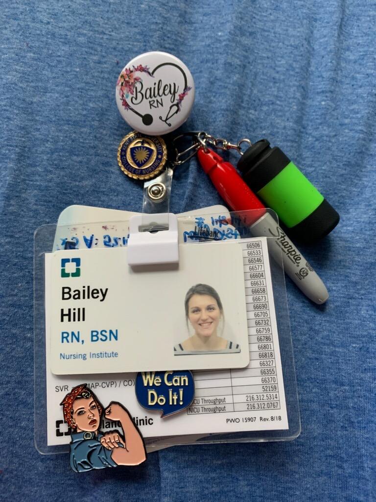 Bailey Hill's nursing badge for work