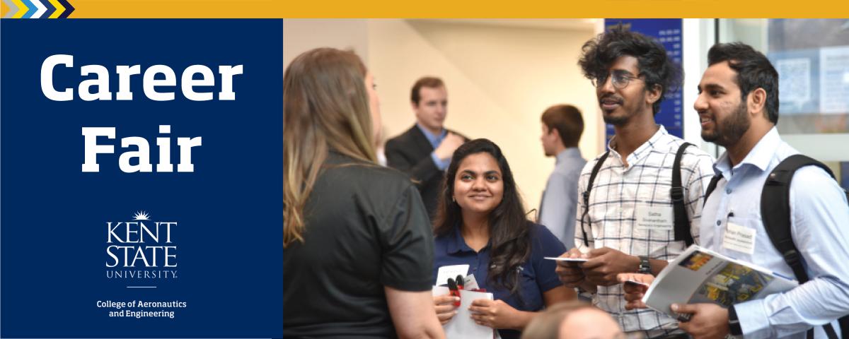 Career Fair at the College of Aeronautics and Engineering. Three students interact with a prospective employer. 