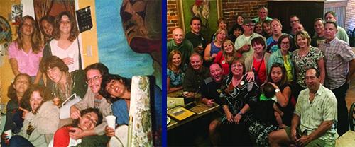 The 'crew' at an 802 DePeyster party in the 1970s, and last weekend at their beloved Ray's Place.