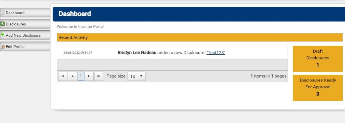 Image of the dashboard you see upon login to the inventors portal