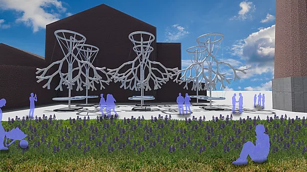 Biodesign team Dyeing Rivers rendering of sculpture for textile wastewater remediation, Image copyright Dyeing Rivers.