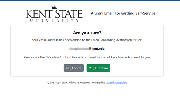 Message asking to confirm email forwarding for the designated email address