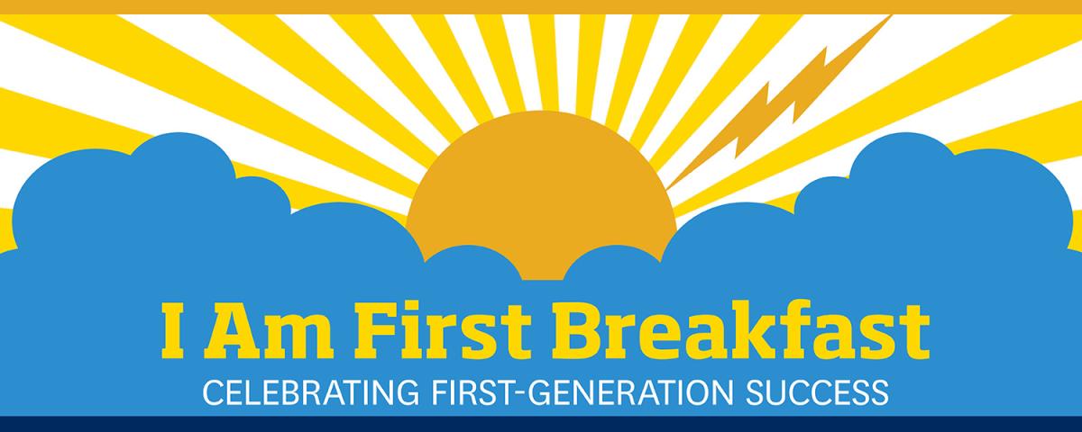 A golden sun rises from behind blue clouds and over the words I Am First Breakfast