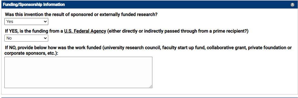 Fields to fill out about funding not from a U.S. federal agency
