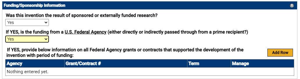Image of the fields for submitting information about funding from a U.S. agency