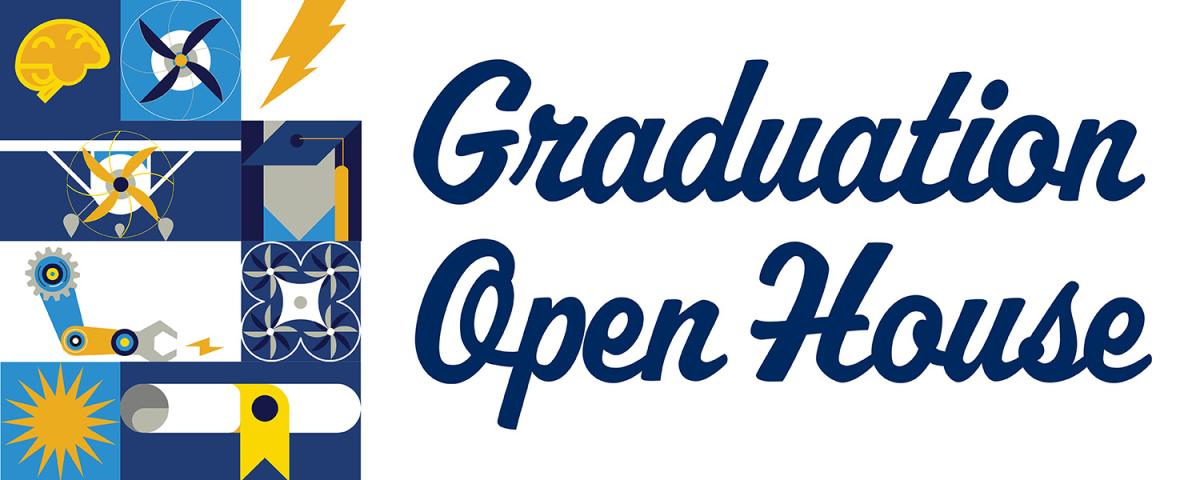A collection of blue and gold mosaic tiles next to the words "Graduation Open House"