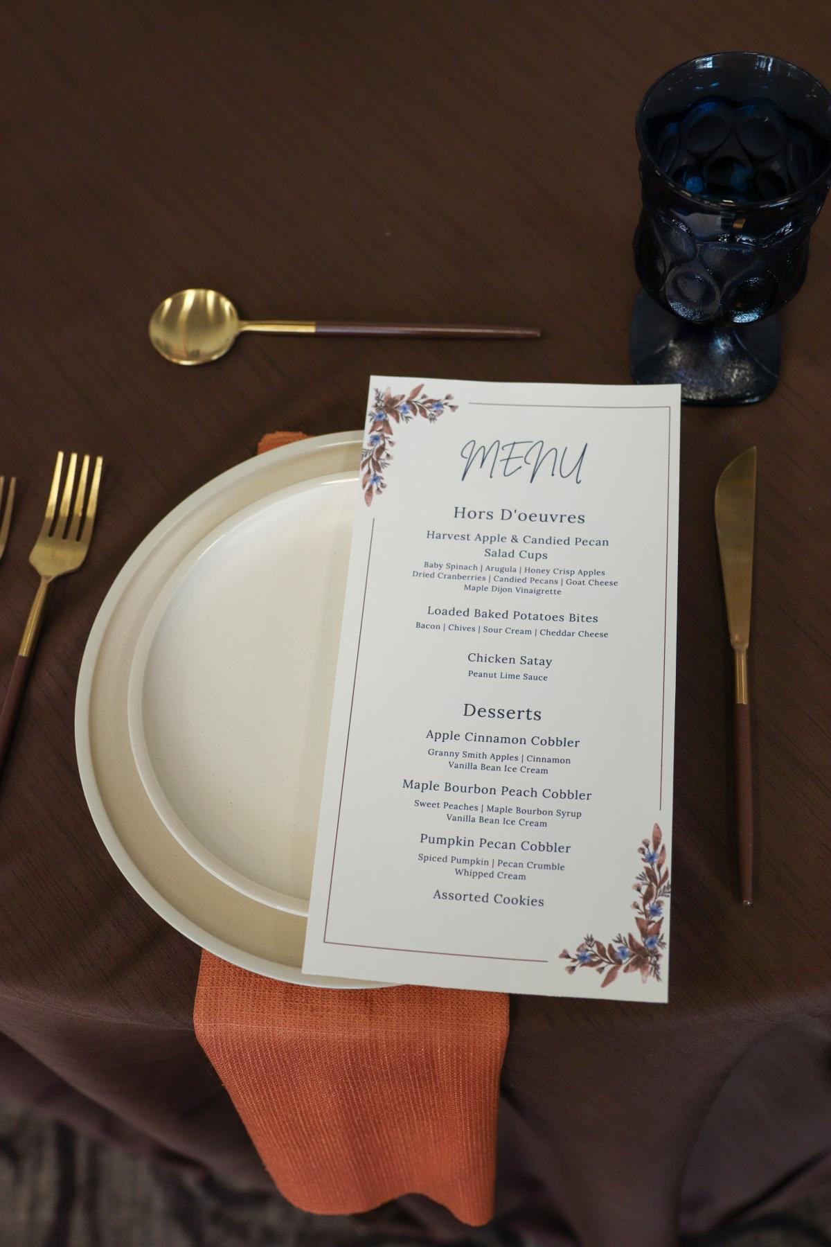 The reception menu and a table setting. 