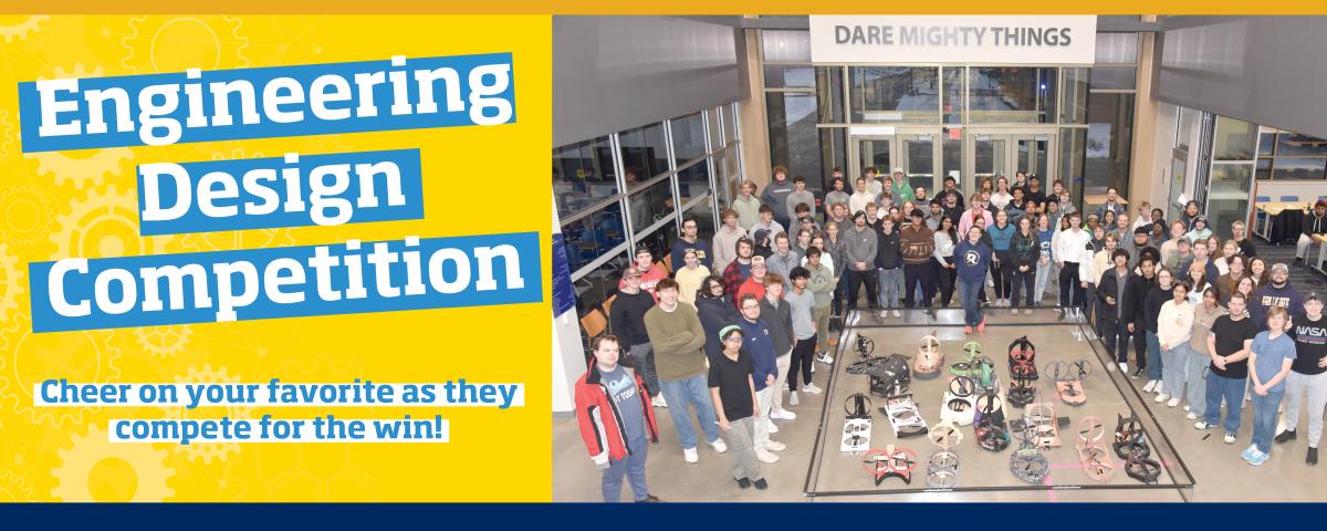Engineering Design Competition: Cheer on Your Favorites! with a photo of students last semester with their hovercraft.