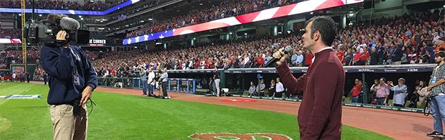 Ridinger singing at Progressive Field before the Cleveland Indians vs. Boston Red Sox American League Division Series game on Oct. 6